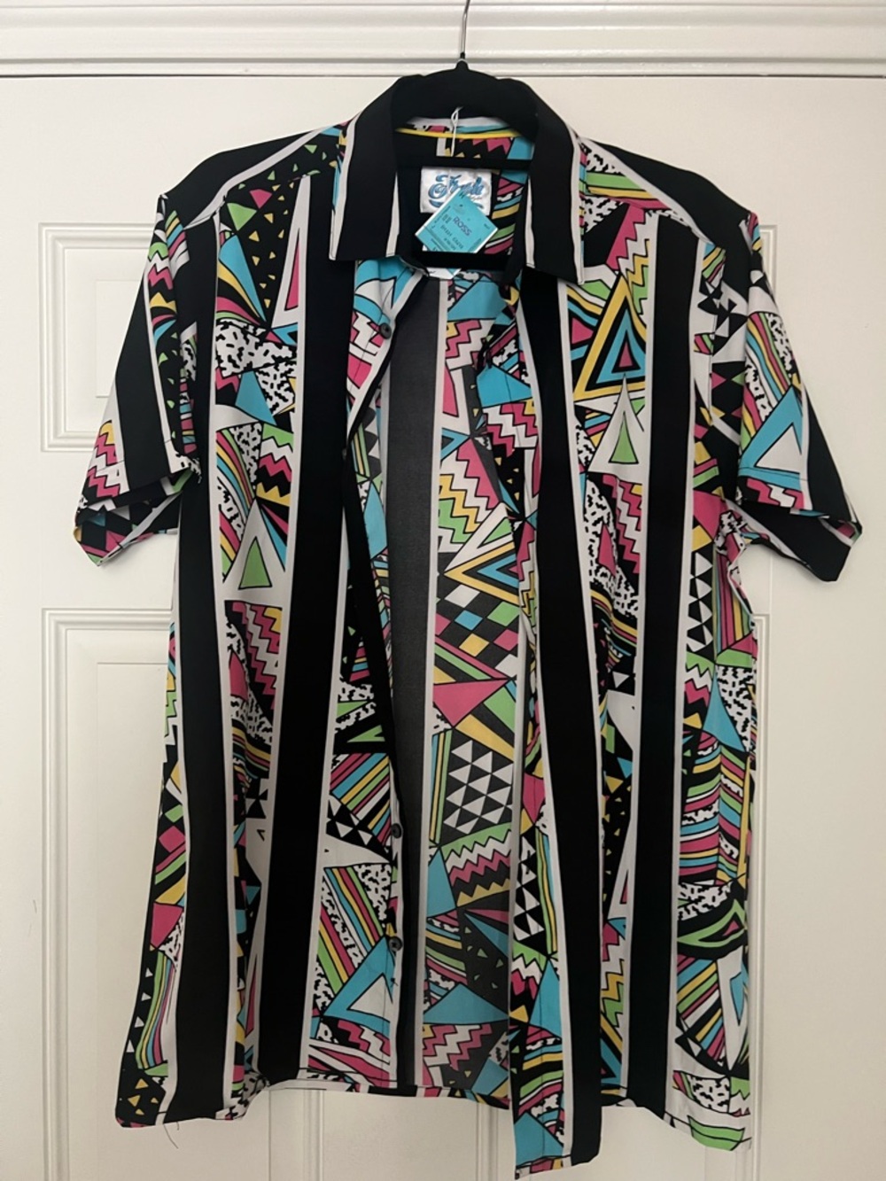 Men's Casual Short Sleeve Button-Down Shirt - Black with Pastel Geo Print